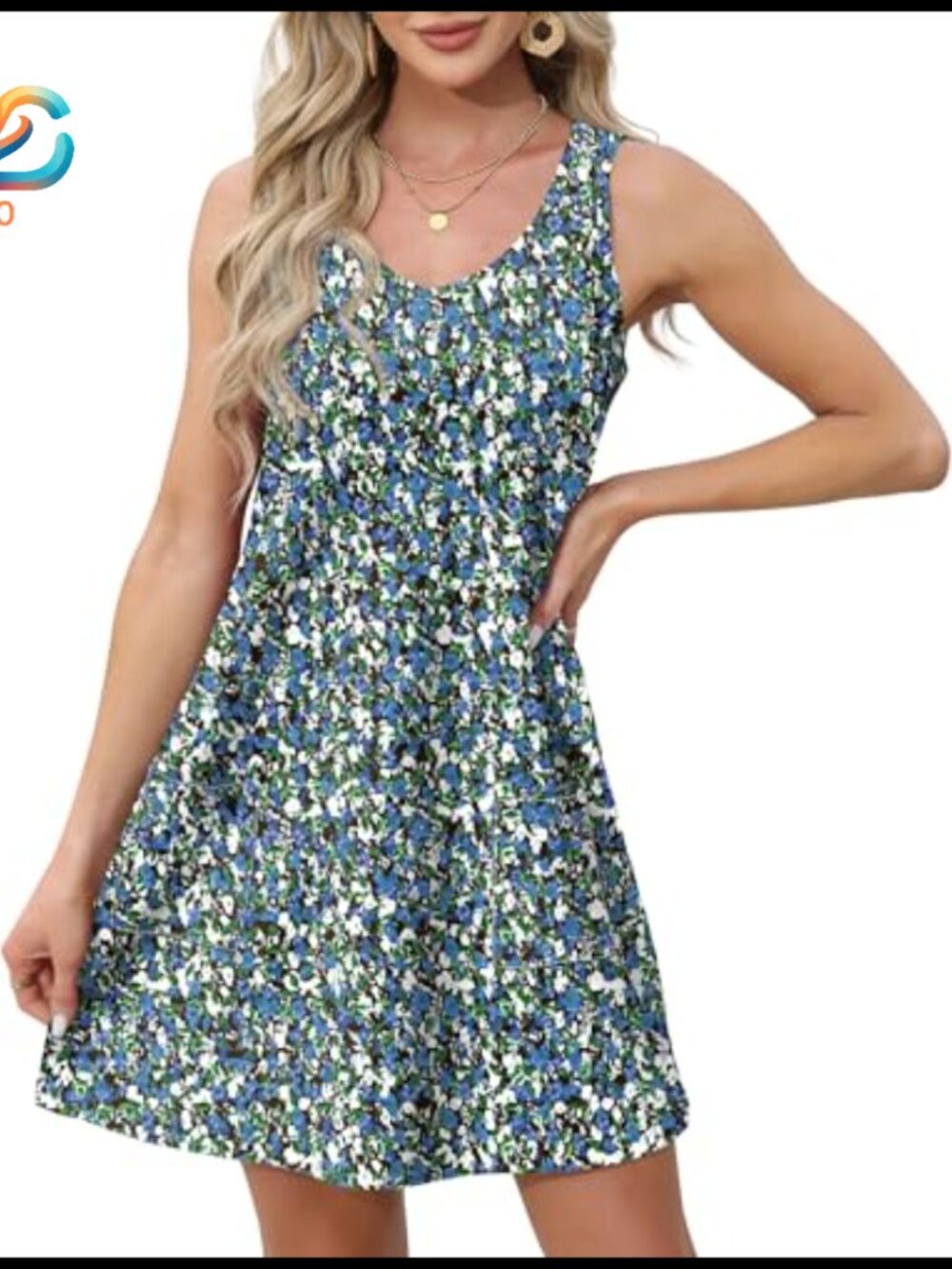 Loose V-Neck Sleeveless Sundress with Pockets, OEKO-TEX Certified - Picture 3 of 7